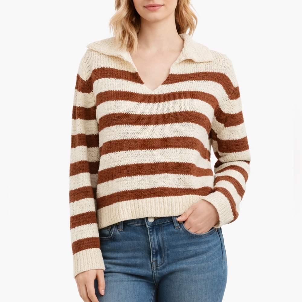 Mirra Masa  V-Neck Striped Cotton Blend Knit Sweater With Collar